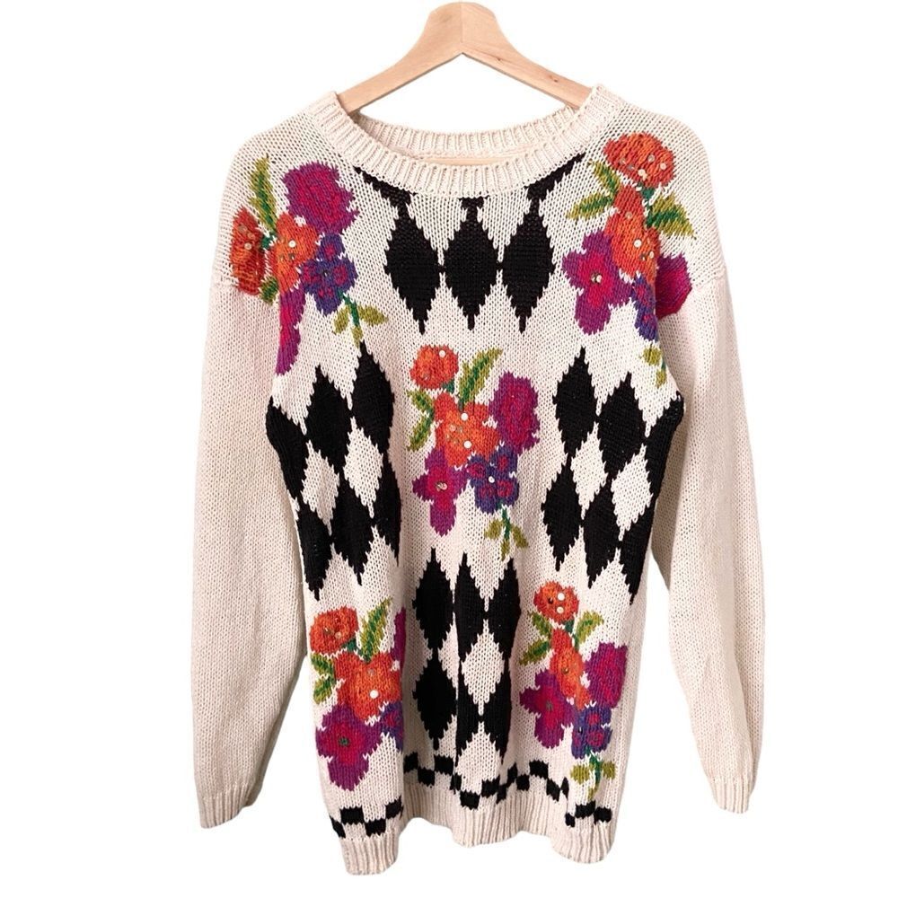 Vintage Needles & Yarn Knit Crewneck Floral/Patterned Sweater in Size 8